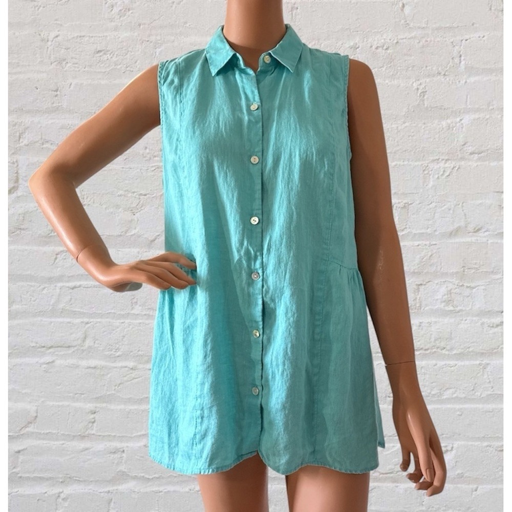 J JIll Love Linen Tunic Top Womens S Sleeveless Button Front Turquoise Coastal